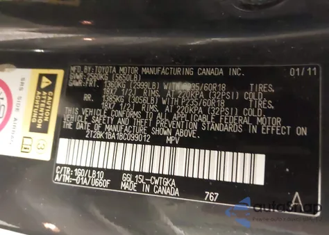 2011 Lexus Rx 350 from USA, damaged, VIN 2T2BK1BA1BC099012